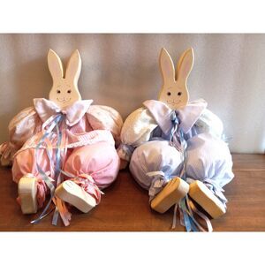 Pair of Vintage Rabbit Dolls Shelf Sitters by TL Toys 1980s 90s Farmhouse Decor